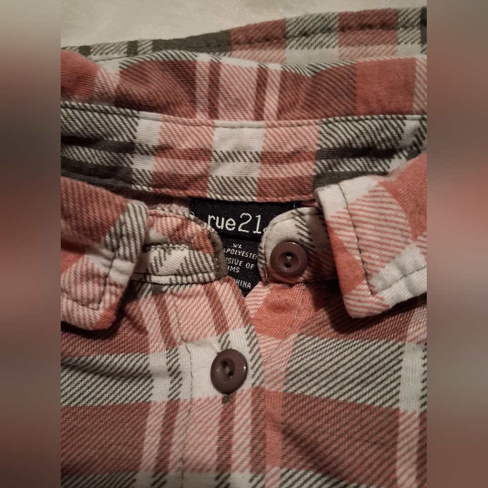 rue21 Coral and Gray Plaid Flannel Shirt - Picture 2 of 6